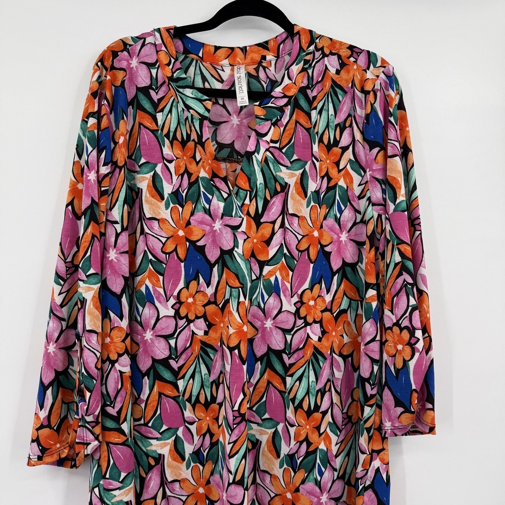 Dear Scarlett Blouse Womens 2X Multicolor Floral Liz Tunic V-Neck Slinky Relaxed - Picture 2 of 12